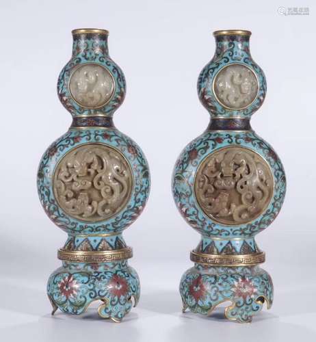 CLOISONNE ENAMEL DOUBLE GOURD VASE WITH JADE DRAGON