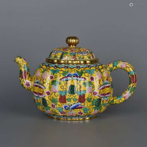 FINELY ENAMELED BRONZE TEAPOT, QIANLONG MARK