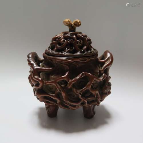 CARVED AND PIERCED BOXWOOD INCENSE BURNER