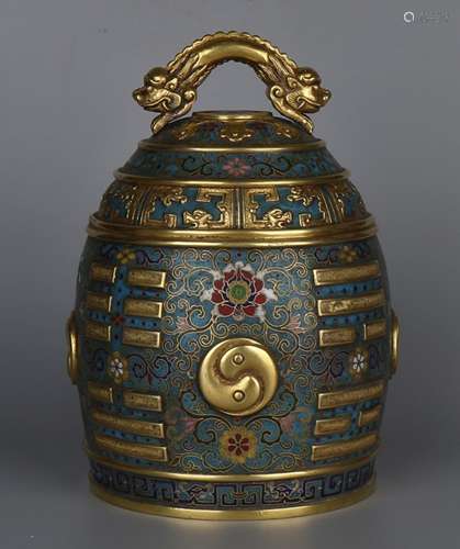 CLOISONNE ENAMEL TEMPLE RITUAL BELL, QIANLONG MARK