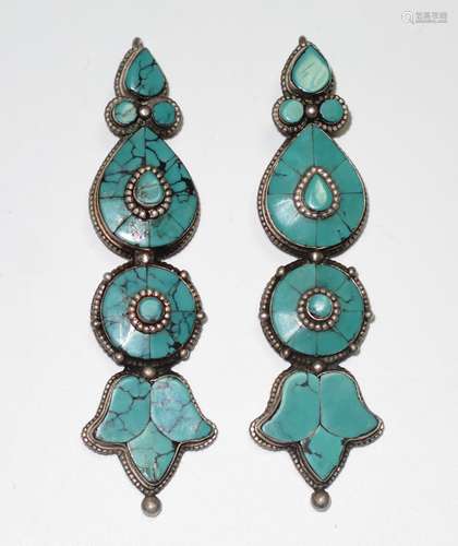 PAIR OF TURQUOISE TIBETAN EARRINGS