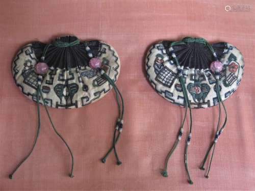 PAIR OF EMBROIDERED SILK POUCHES W/ TOURMALINE BEADS