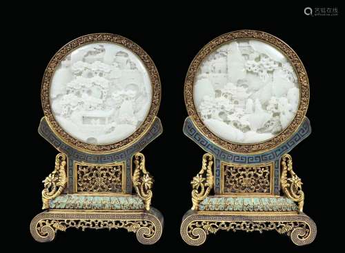 SUPERBLY CARVED WHITE JADE CLOISONNE TABLE SCREENS