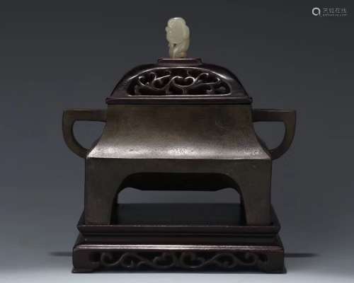 BRONZE COVERED CENSER WITH CARVED JADE FINIAL