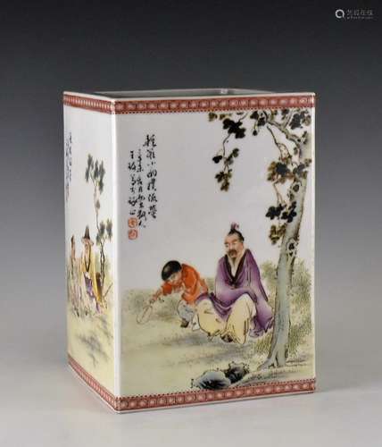 FAMILLE ROSE PORCELAIN RECTANGULAR BRUSHPOT WITH MARK.