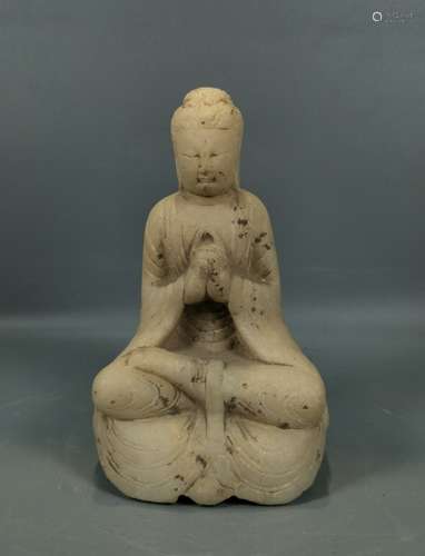 CARVED STONE FIGURE OF SEATED GUANYIN