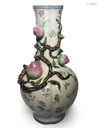 FAMILLE ROSE PORCELAIN PEACH VASE, QIANLONG MARK