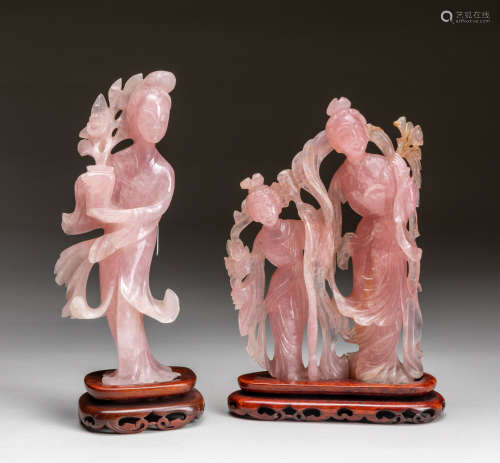 Pair Chinese Antique Rose Quartz  Ladies