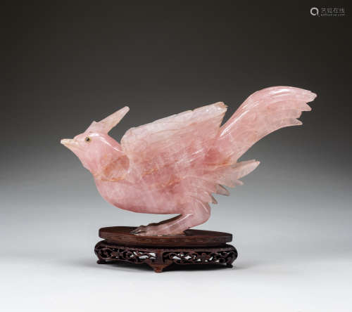 Late 19th Chinese Antique Pink Gem Stone Bird
