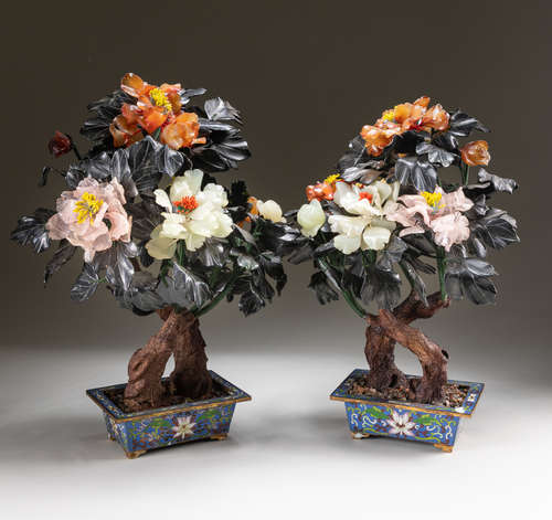 Pair Of Chinese Old Jade Tree Bonsai With Cloisonne Base