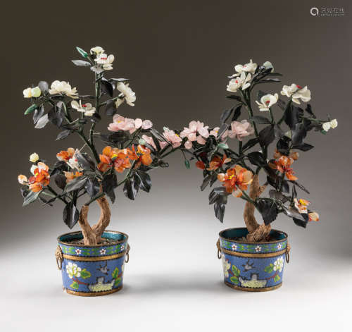 Pair Of Chinese Old Jade Tree Bonsai With Cloisonne Base