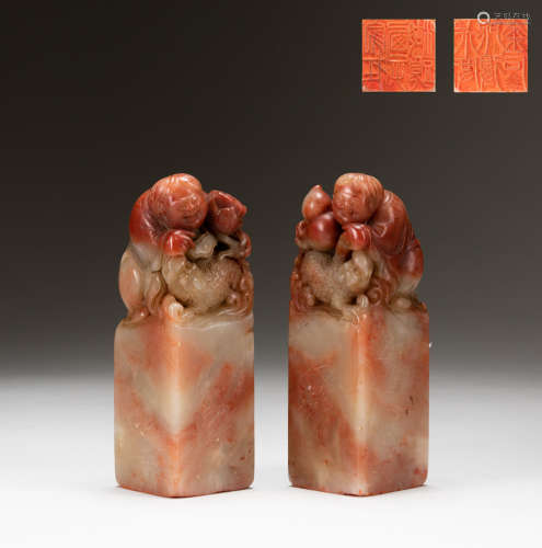 Pair Chinese Antique Carved Shoushan Stone Seals HeHe