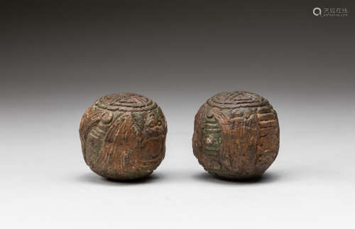 Pair 19th Chinese Antique Agarwood Balls