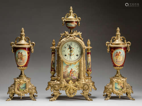 Set Of French Antique Enamel Vases/Clock