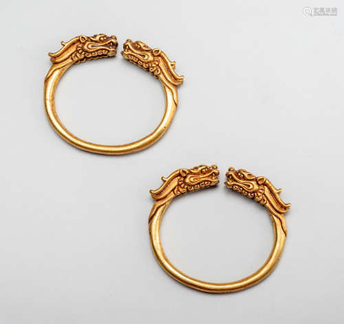 Pair Of Chinese Antique Gilt Bronze Bangles