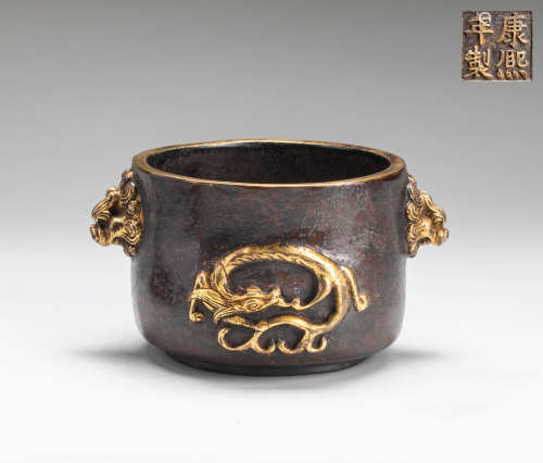 Kangxi Mark Chinese Antique Gilt Bronze Incense Burner