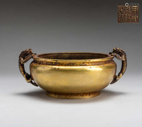 Late Ming Mark Chinese Antique Gilt Bronze Incense Burner