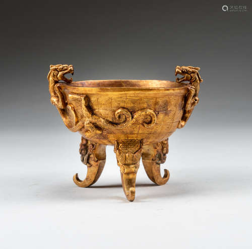 Qianlong Style Chinese Antique Gilt Bronze Tripod Cup