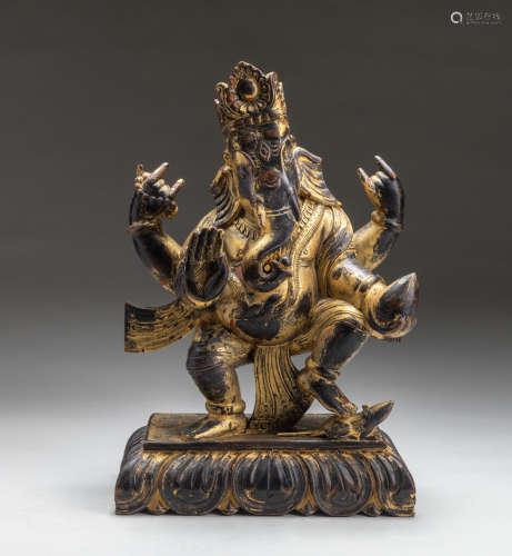 18-19th India Antique Gilt Wood Buddha Ganesha