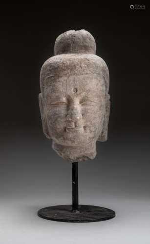 Tang Chinese Antique Grey Stone Buddha Head