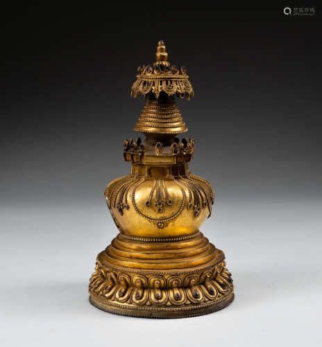 19th Chinese Antique Gilt Bronze Pagoda