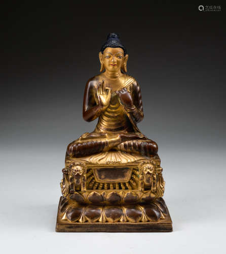 Pala Style Tibetan Antique Gilt Bronze Shakyamuni