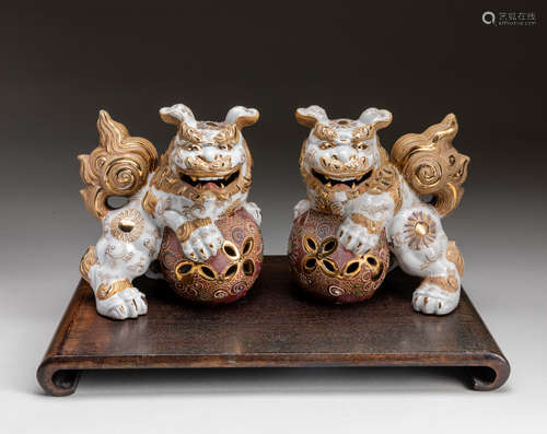 Pair Japanese Meiji period Rose Of Foo Dogs