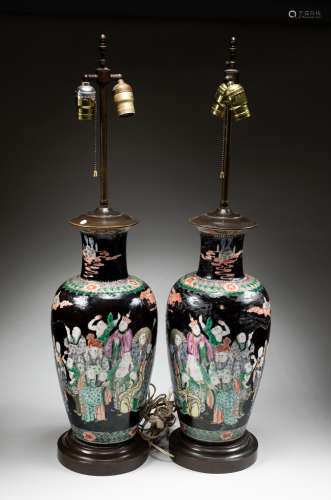 Pair Chinese Antique Wucai Vase, Mounted As Lamp