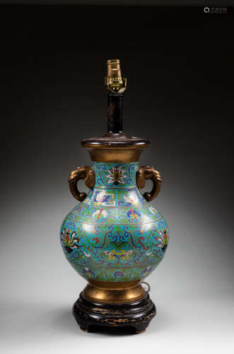 1980 Chinese Antique Turquoise Ground Cloisonne Vase Lamp