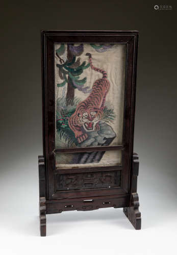 19th Chinese Antique Silk Tiger Screen
