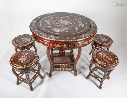 Set Of Chinese Old Wood Table Inlaid With Mother Of Pearls