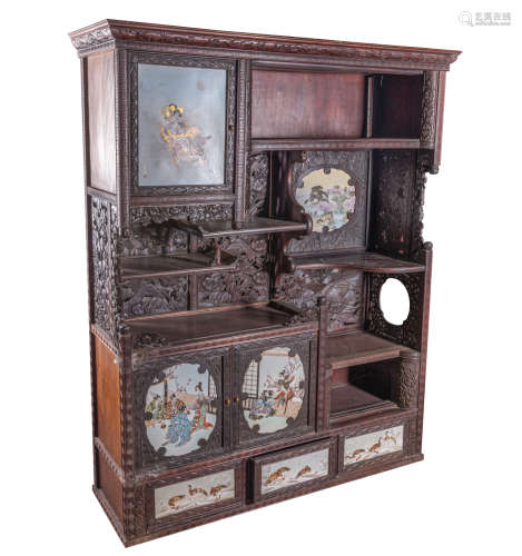 Japanese Antique Wood Display Cabinet with Porcelain Plaque