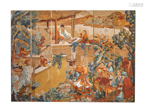 Antique Six-Fold Silk Painted Screen of Chinese Stories