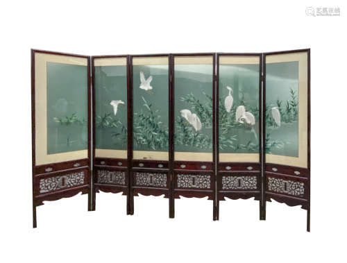 Chinese Six-Fold Silk Painted Wood Screen,Suzhou School