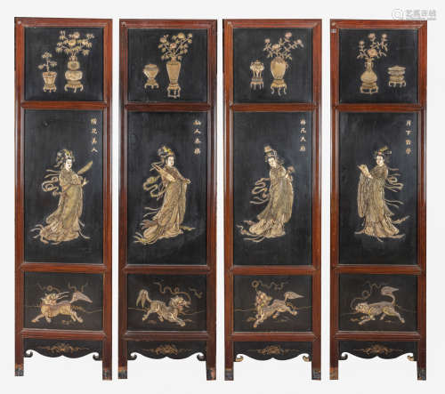 Chinese Old Four Painted Wood Screen