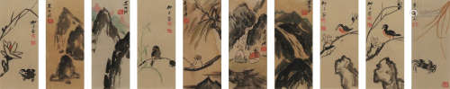 柳子谷、黑伯龙、吴泽浩等 人物花卉十幅 纸本 镜框