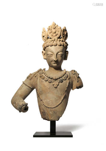 A KASHMIR TERRACOTTA BUST OF A CROWNED BODHISATTVA