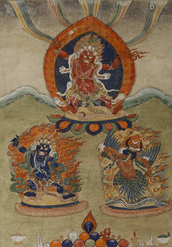 A TIBETAN THANGKA OF THREE GODS