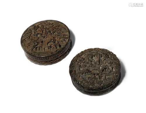 λ TWO CHINESE CANTON TORTOISESHELL CIRCULAR BOXES AND COVERS