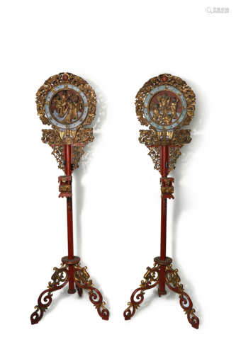 A PAIR OF CHINESE LACQUERED AND GILT-WOOD 'BAXIAN' LAMPS