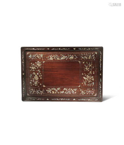 A CHINESE MOTHER OF PEARL INLAID HARDWOOD TRAY