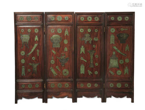 A CHINESE BRONZE INLAID FOUR-FOLD SCREEN