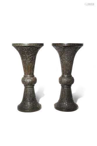 A PAIR OF CHINESE BRONZE GU-SHAPED VASES