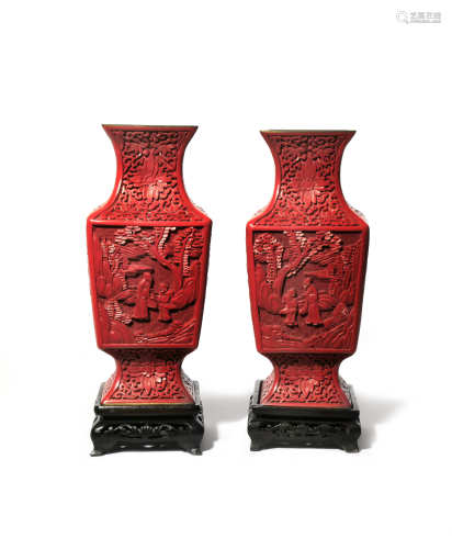 A PAIR OF CHINESE CINNABAR LACQUER SQUARE-SECTION VASES