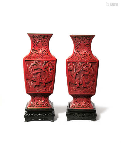 A PAIR OF CHINESE CINNABAR LACQUER SQUARE-SECTION VASES