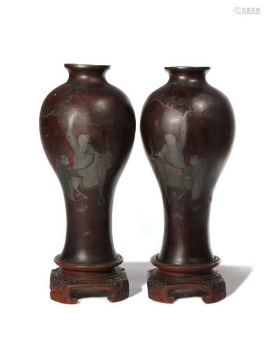A PAIR OF CHINESE POLYCHROME AND SILVER-DECORATED LACQUER VASES