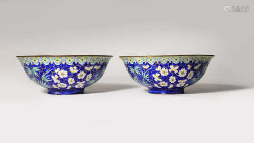 A PAIR OF CHINESE BLUE-GROUND CANTON ENAMEL 'PRUNUS AND BAMBOO' BOWLS