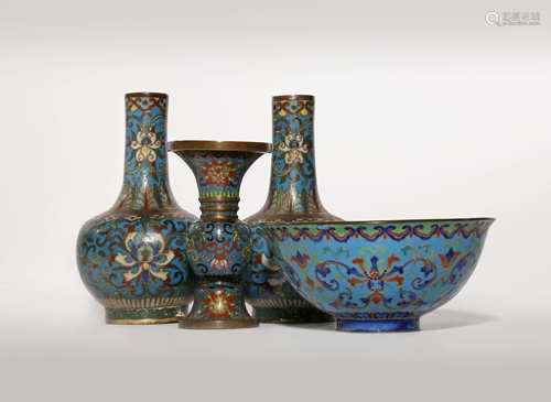 THREE SMALL CHINESE CLOISONNE VASES AND AN ENAMEL BOWL