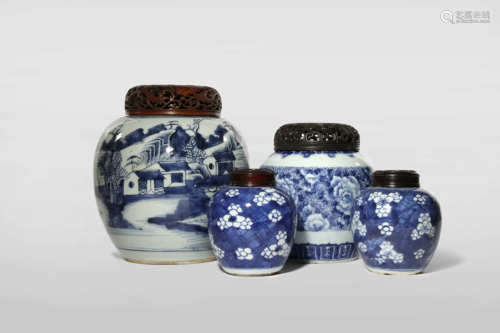 FOUR CHINESE BLUE AND WHITE OVOID VASES