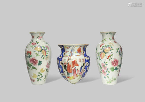 THREE CHINESE FAMILLE ROSE WALL VASES